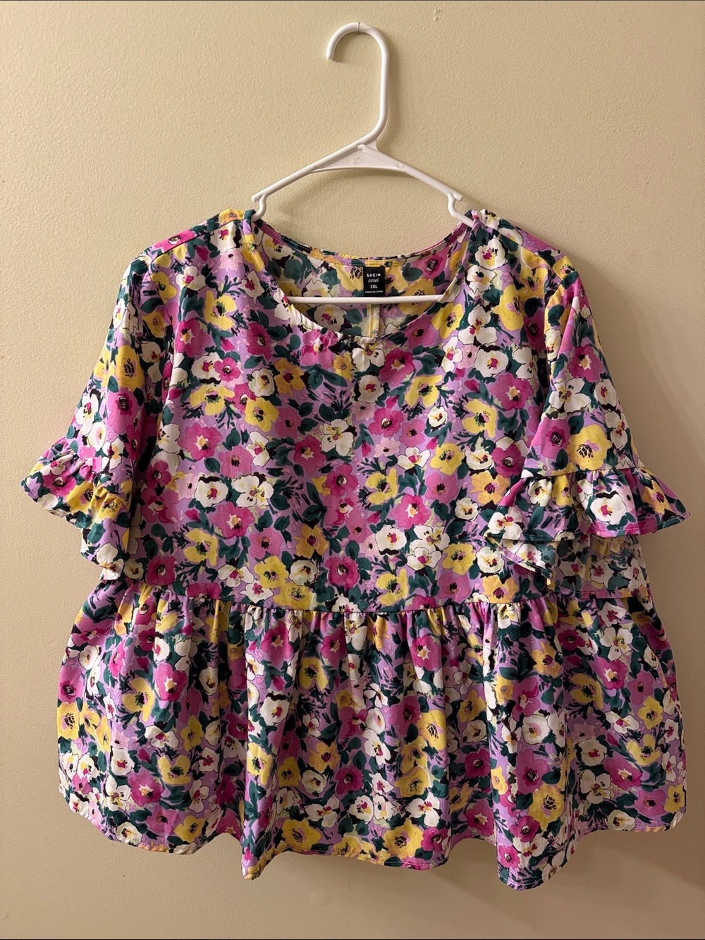 SHEIN Pink and Yellow Floral Peplum Tunic